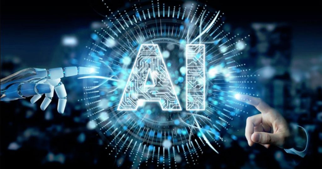 AI logo, robot and human hands