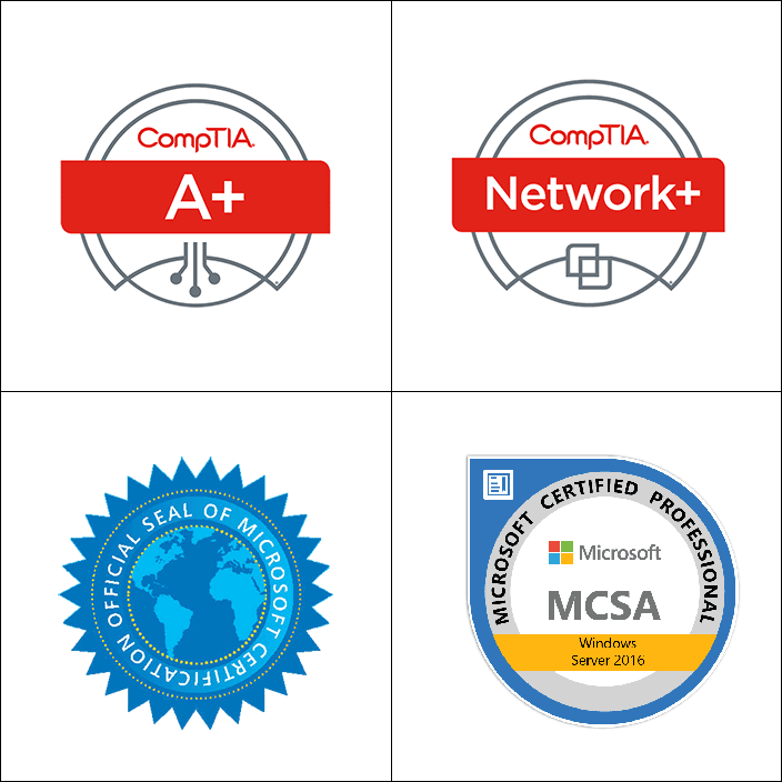 CompTIA A+, Network+, Official Seal of Microsoft Certification , MCSA