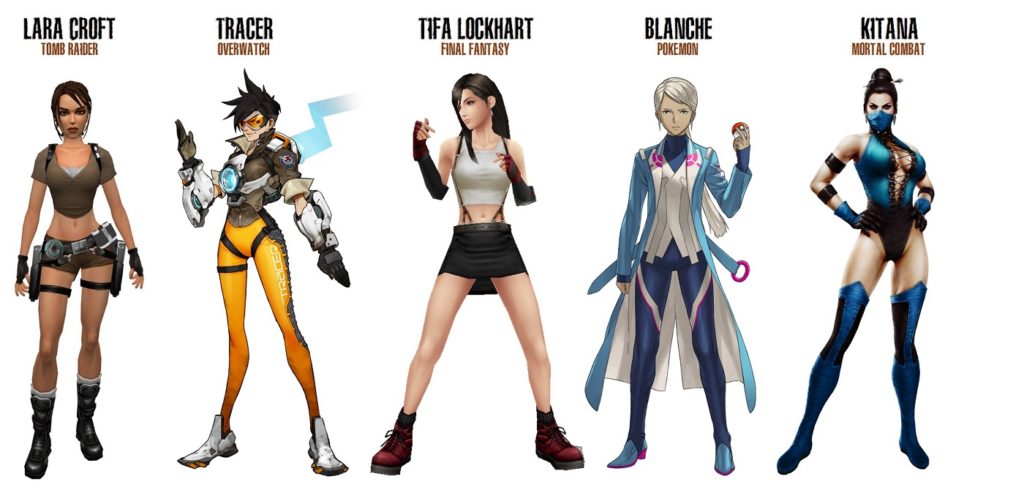 video game characters: Lana Croft, Tracer, Tifa Lockhart, Blanche, Kitana